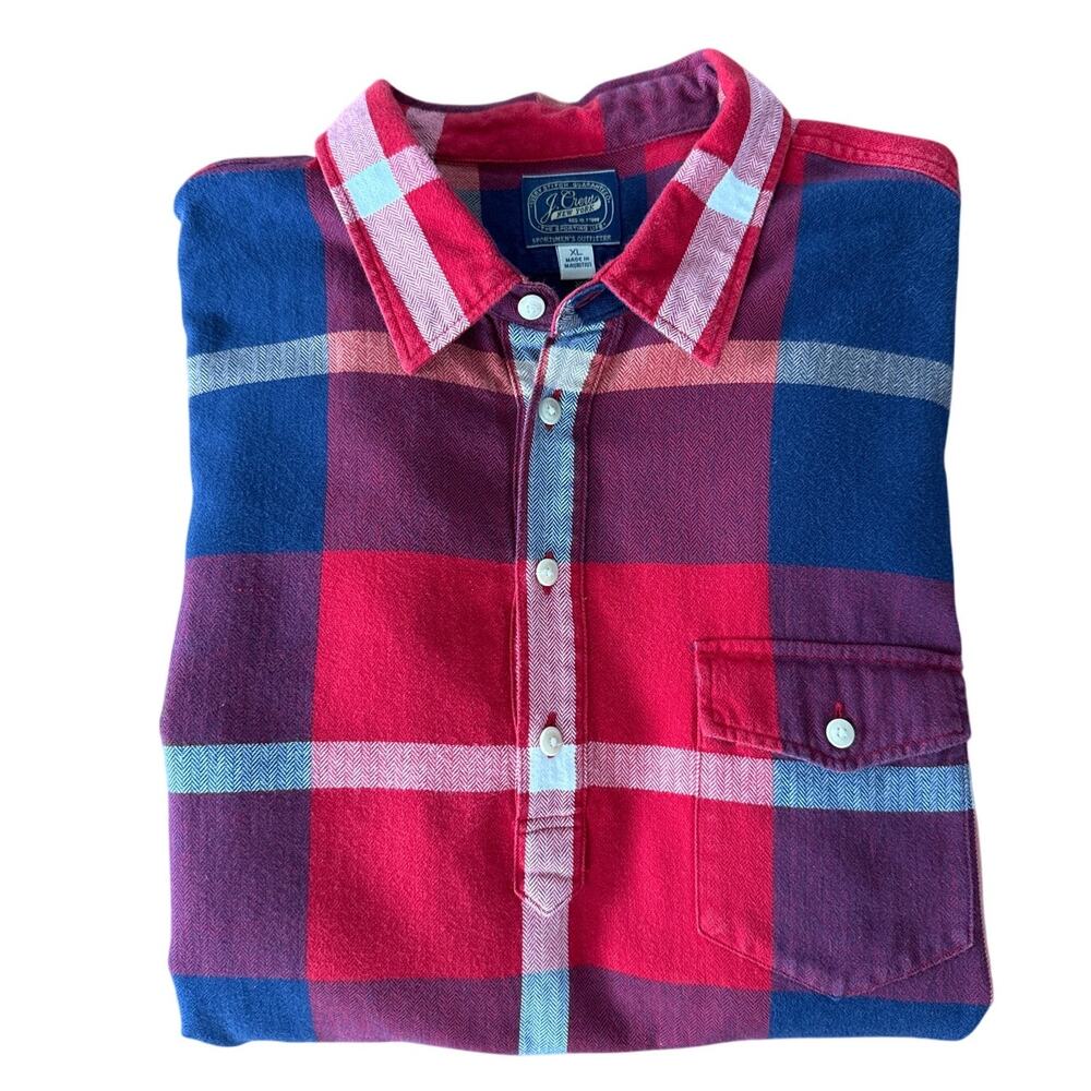 J.CREW New York Mens Red Flannel Plaid Shirt Long Sleeve Half Button XL